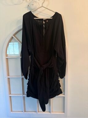 Free People Black Ruched Button-Front “Keep You” Mini Dress Long Sleeve Bohemian